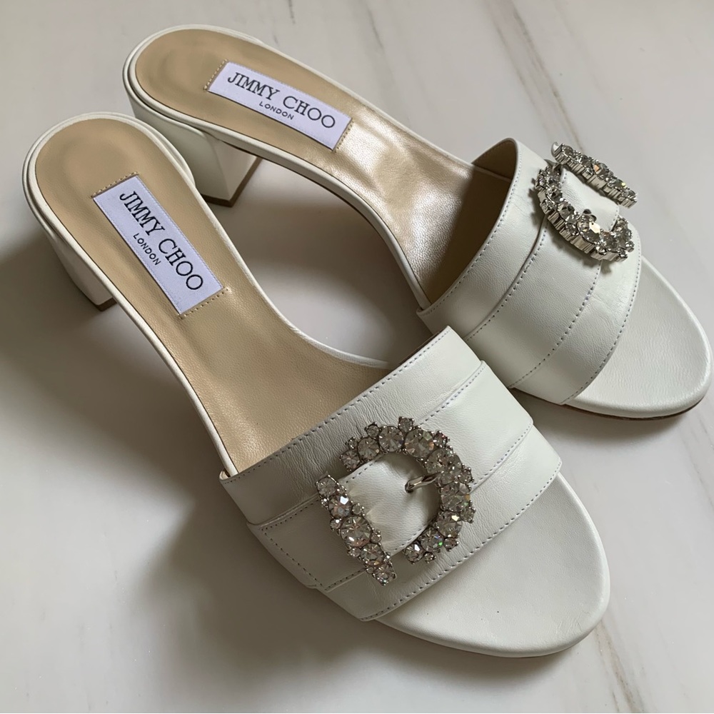 JIMMY CHOO Bridal Block Heels Low Heel Mules with Crystal Buckle | Size 40